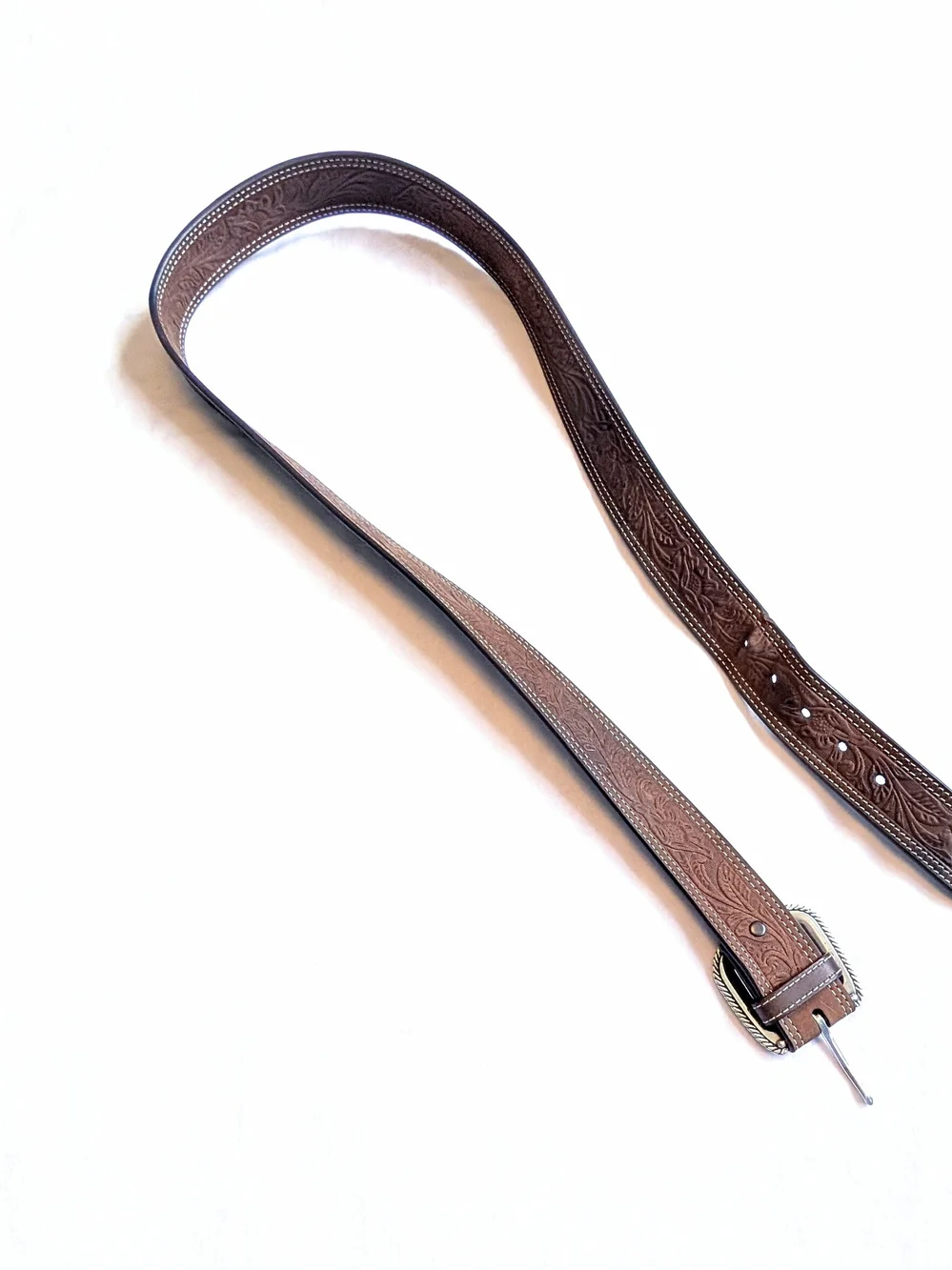 Mens Ariat Leather Floral Embossed Belt 2007 Silver Buckle Western Brown